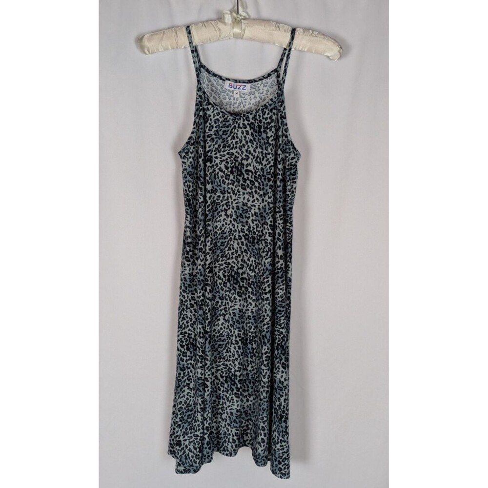 Buzz Blue Leopard Print Spaghetti Strap Swing A-Line Dress M Jersey Knit Y2K